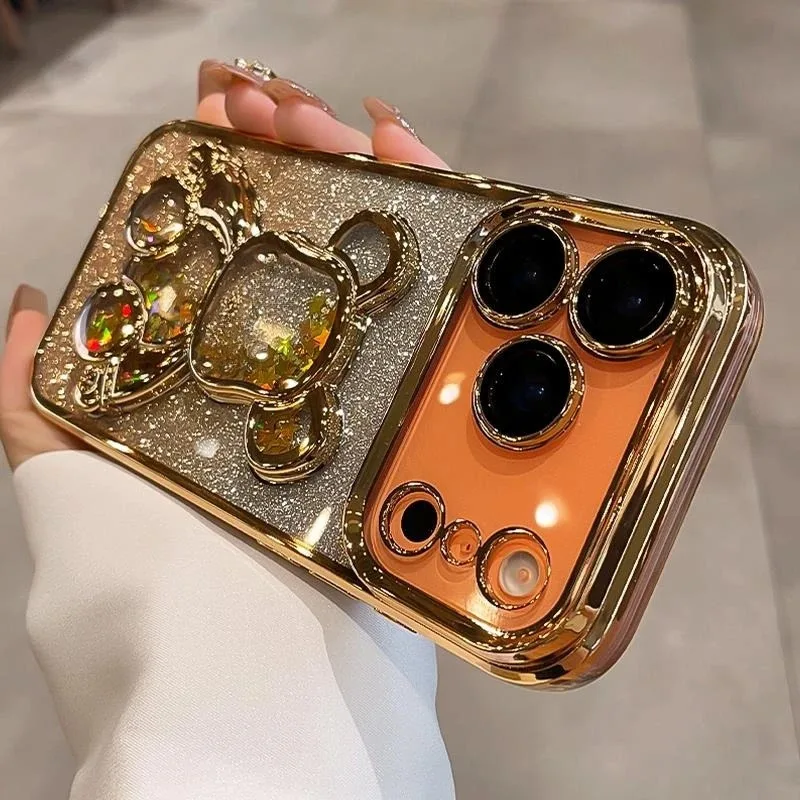 Lindo urso fluindo areia brilhando protetor colorido caso de telefone para iphone 17 ar 16 15 14 13 12 11 pro max plus capa