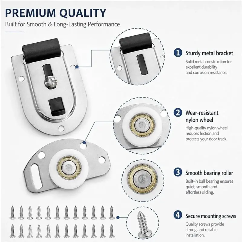 DTA4-Ball Bearing Sliding Closet Door Hardware Kit,4 Wardrobe Bottom Rollers& 4 Top Brackets, Smooth Glide Doors Wheels