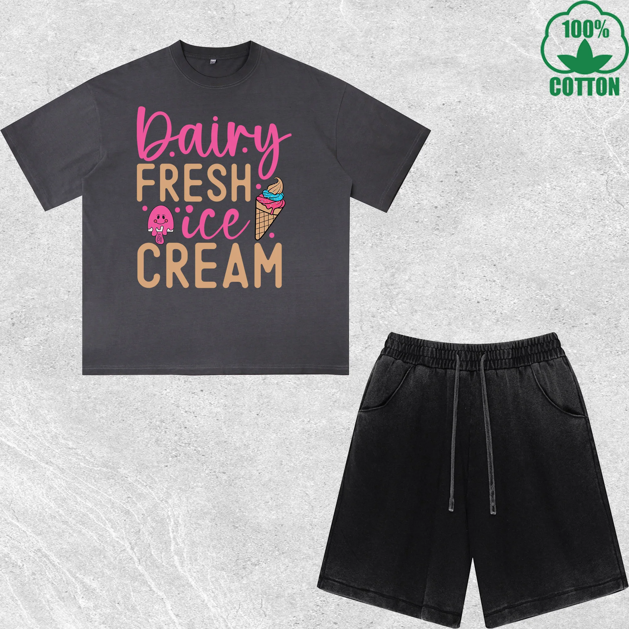 

Dairy Fresh Ice Cream Printed Dirty Wash T-Shirt Shorts Set Multicolor Combo Loose Trendy Fashionable 100%Cotton