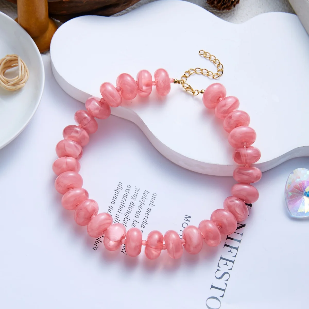 Dopamine Bunte flache, runde Acryl-Perlenkette für Damen und Herren, trendige, einfache geometrische Harzperlen, stapelbarer Choker-Schmuck – Detail 20