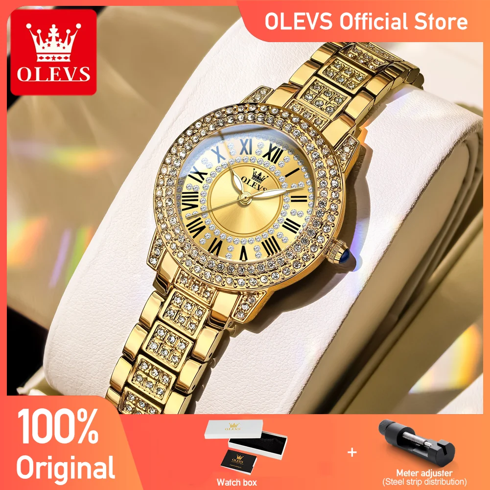 OLEVS 9943 ساعات نسائية وظيفة الضوء الليلي الأصلي كوارتز ساعة معصم رومانية مطعمة الزركون الهاتفي 30 متر مقاوم للماء ساعة السيدات