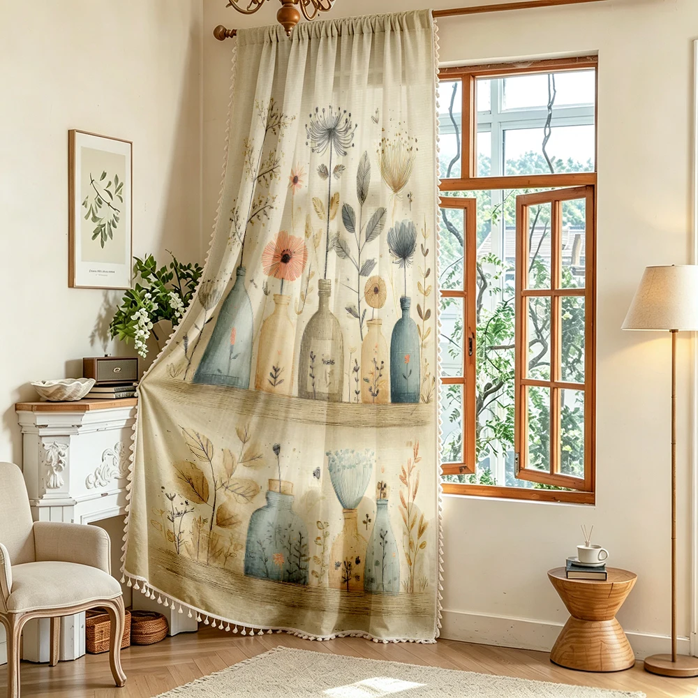1PC Vintage Tassel Sheer Curtains, Glass Bottle Wildflower, Digital Print, Polyester, Bedroom Living Room Decor Rod Pocket