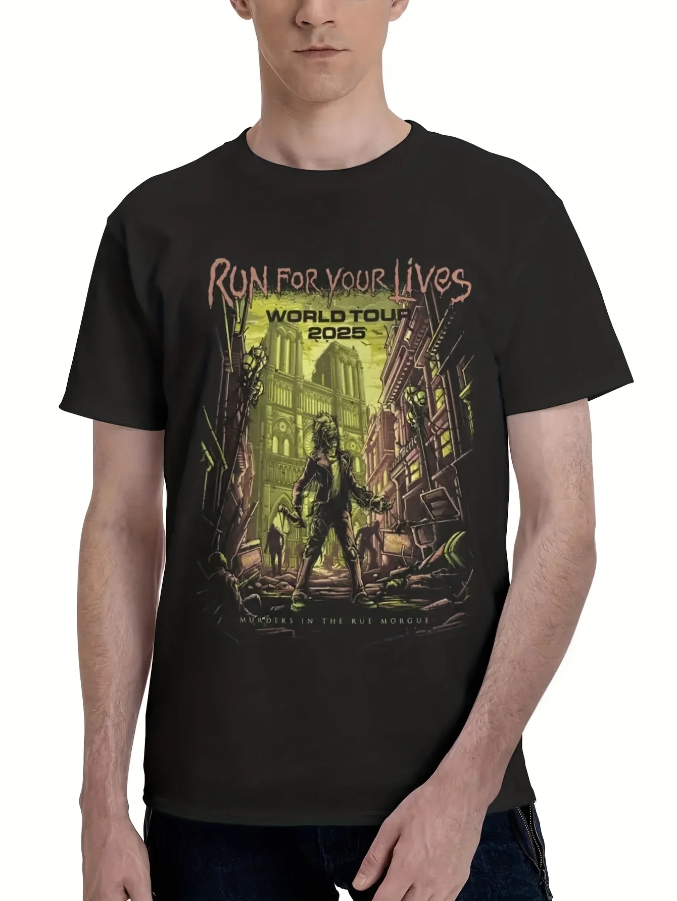 Men's Black Cotton Regular Fit T-Shirt Run for Your Lives World Tour 2026 Zombie Apocalypse Cityscape Graphic