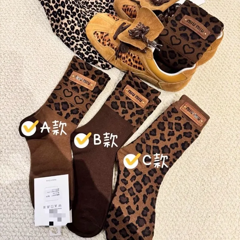 3 Pairs Socks Spring Autumn New Leopard Coffee Women's Medium Tube Maillard Love Korean Version Trendy Socks Lingerie Soft New