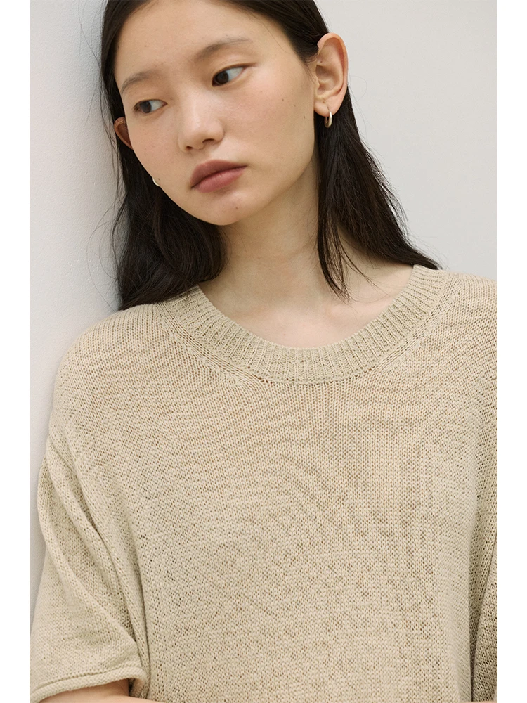 Toughsen Oatmeal Black Linen Cotton Nylon Knitted Short Sleeve T-Shirt Loose Fit Casual Style Summer Season round Neck