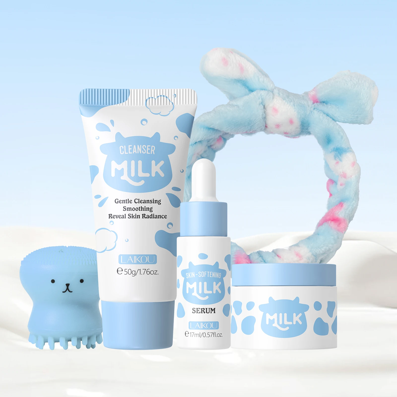 LAIKOU-Juego de cuidado de la piel con leche, suero suavizante, crema hidratante, limpiador suave, Kit de viaje de hidratación iluminadora