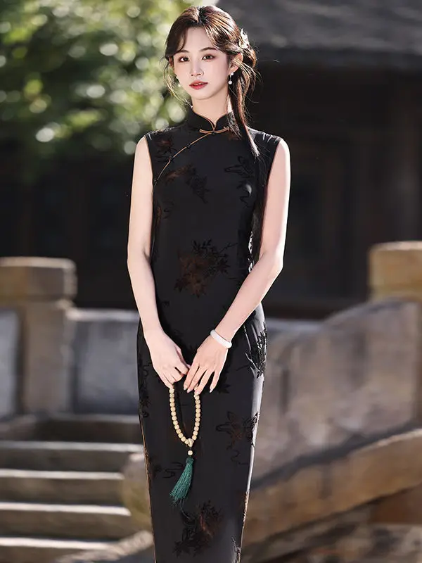 

Женское длинное платье в традиционном китайском стиле, повседневное, дышащее, из полиэфирного волокна, с низким разрезом, для ежедневной носки