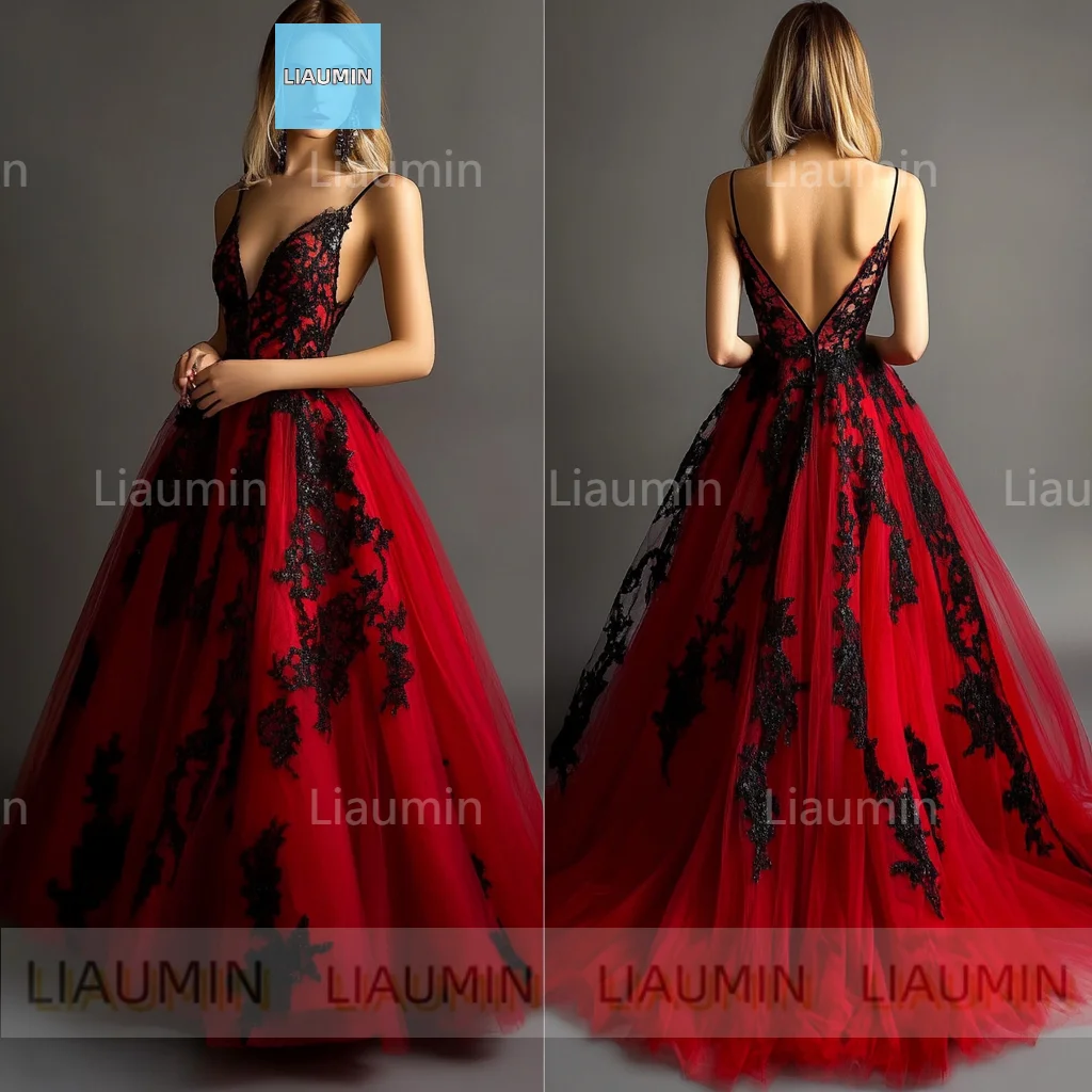 Classic A Line Red Tulle Black Lace Applique V Neck Floor Length Prom Formal Wedding Dresses Evening Backless Custom Made C-1.17