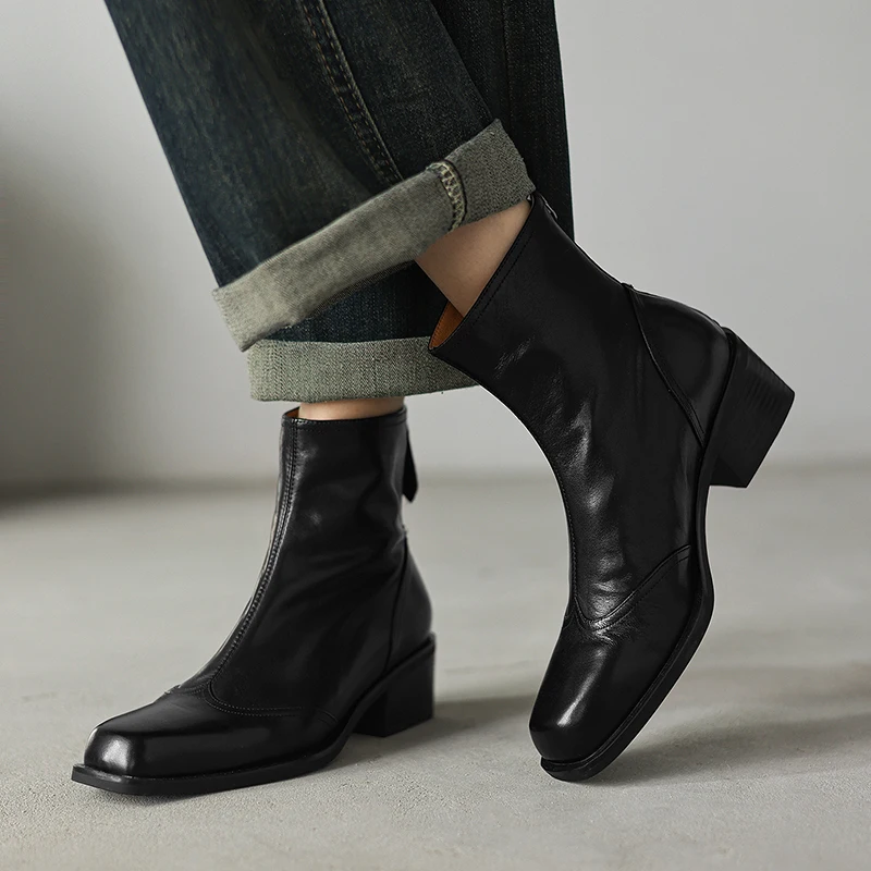 2027 New Women Genuine Leather Ankle Boots Thick High Heels Warm Autumn Winter Short Motorcycle Boots Elegant Chelsea Boots