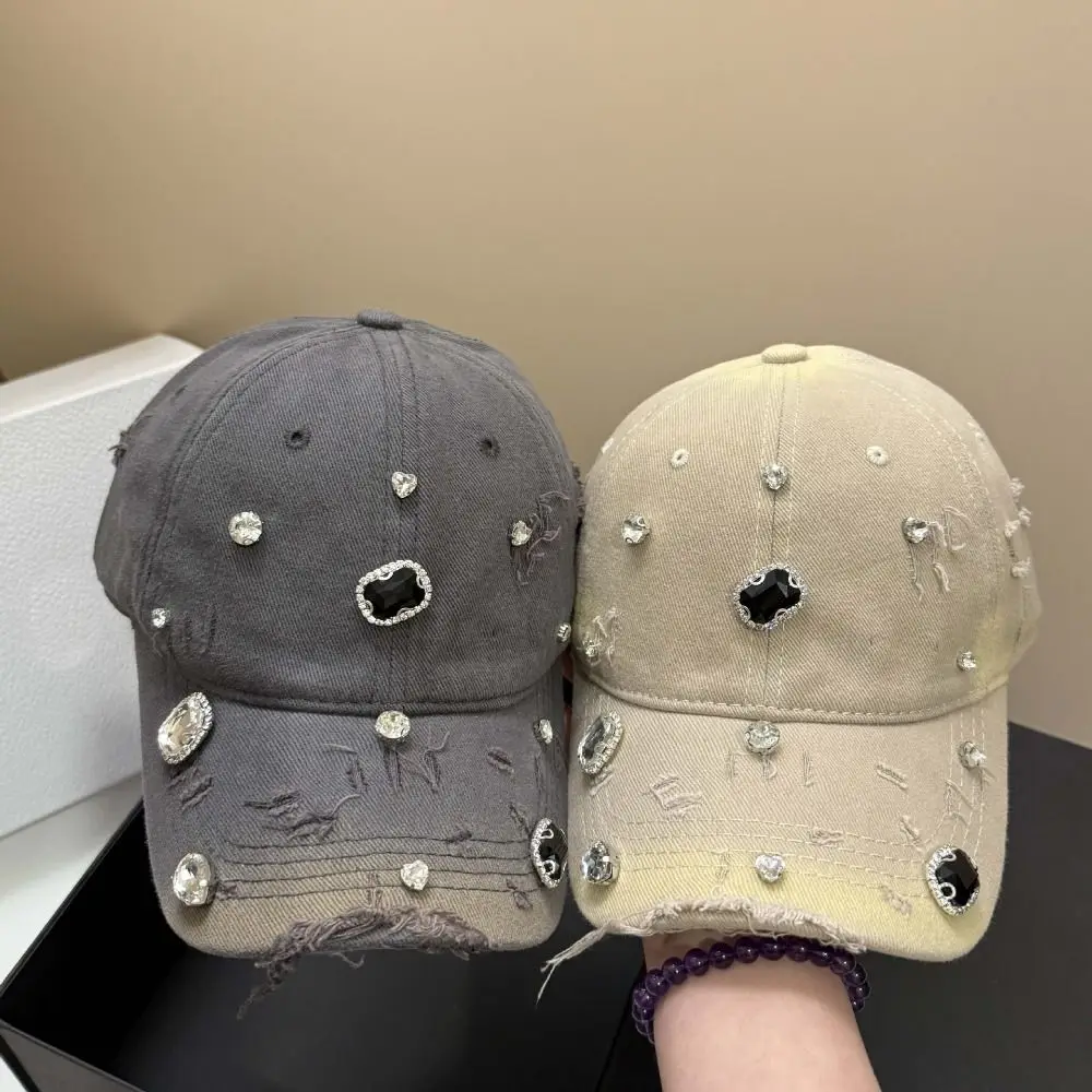 Cotton Rhinestone Baseball Cap Torn Effect Vintage Wash Hip Hop Cap Rhinestone Embellished Adjustable Snapback Tennis Cap