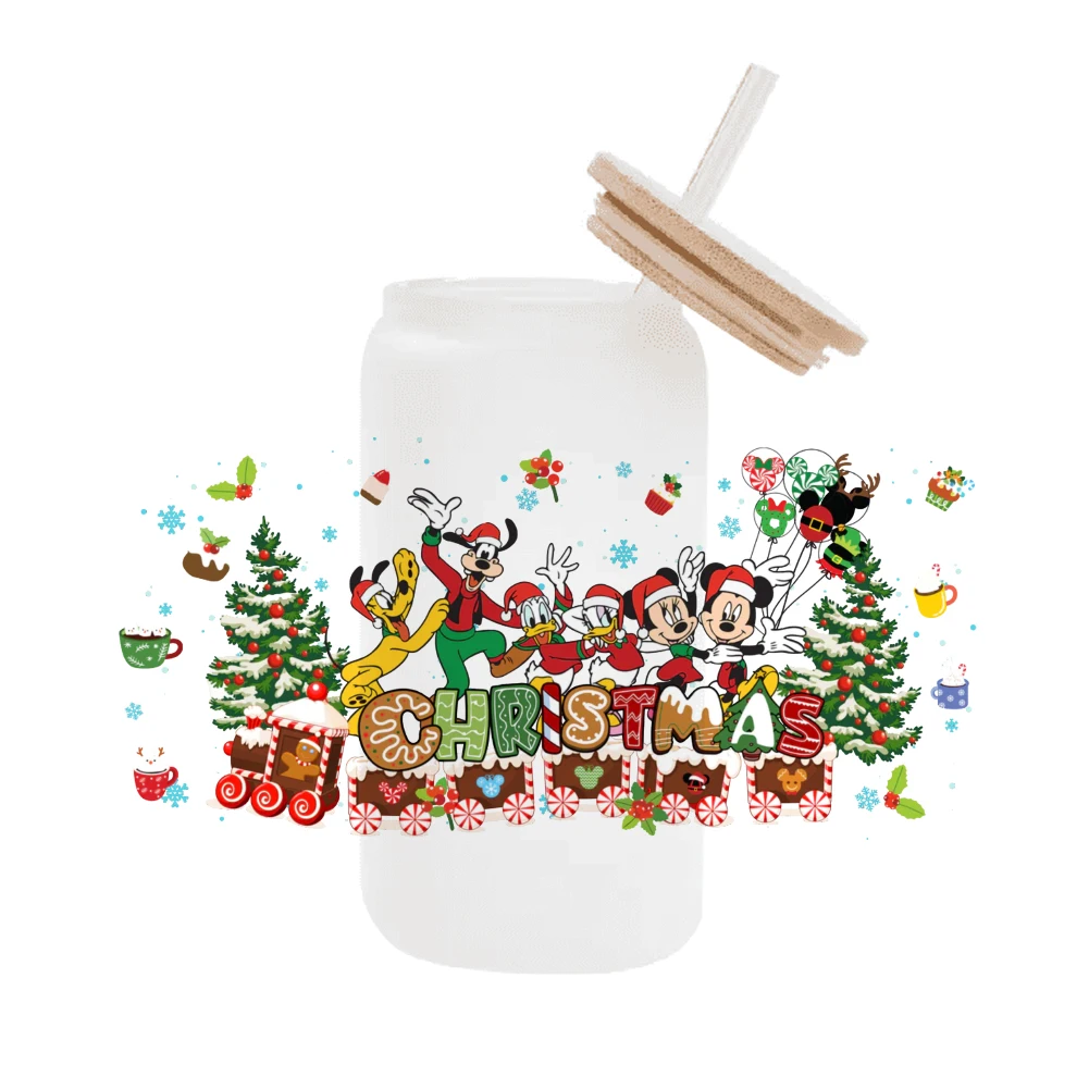 Mickey Christmas Glass Wrap, Impermeável, UV, DTF Coffee Can Glass Wrap para Libbey, 16oz