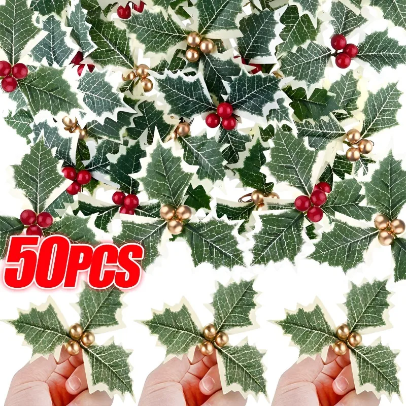 Artificial Holly Berries with Leaves DIY Wreath Fake Plant Green Leaf Wedding Christmas Party Decoration Gift Packaging Ornament