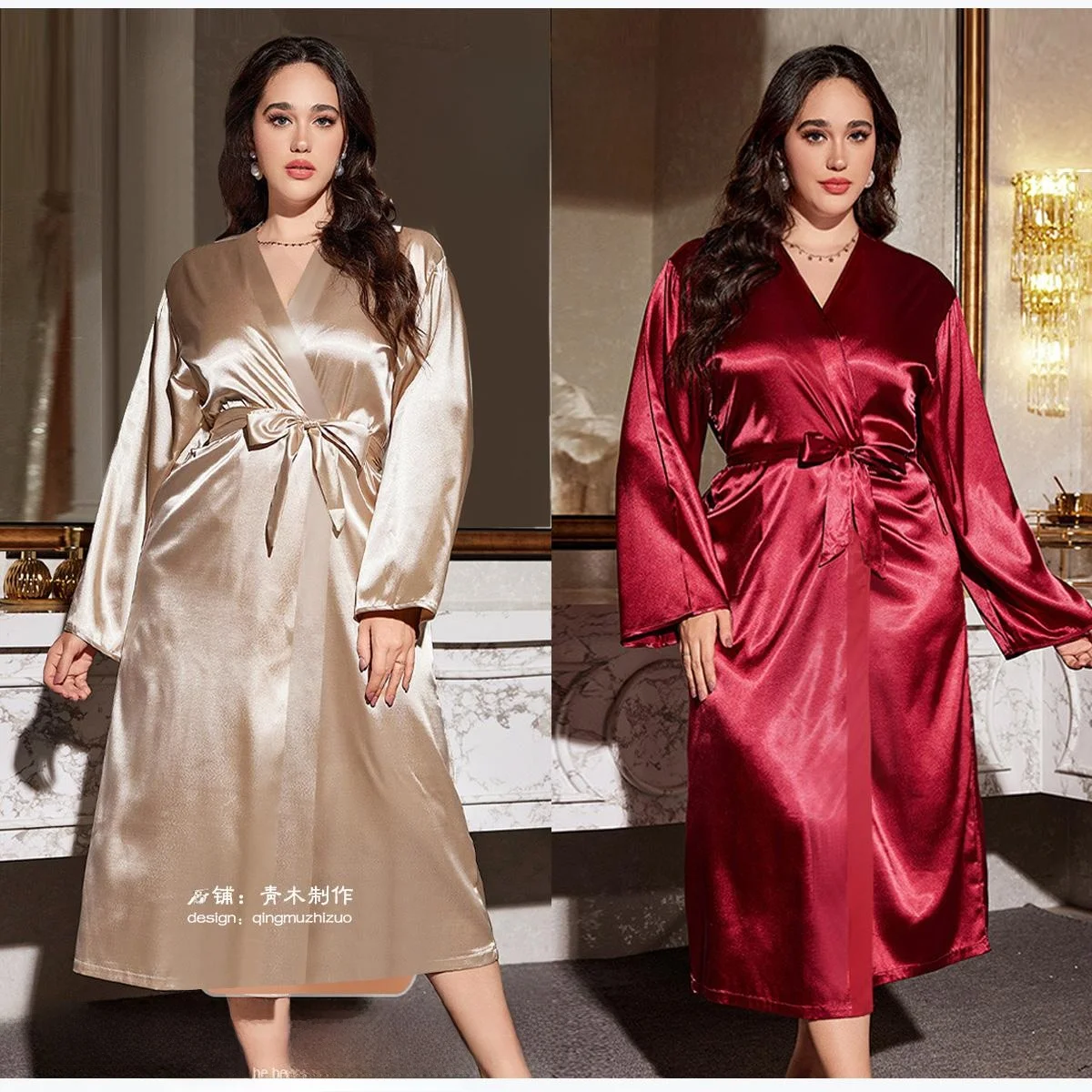 

plus Size Long Sp Robe for Bridesmaid And Fat MM in Champagne And Wine Red Color eup Robe Comfortable Home Clothes
