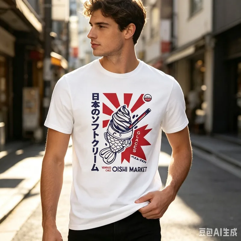 OISHI MARKET Japanese T-Shirt for Men Retro Taiyaki Ice Cream Print Casual Streetwear Basic Short Sleeve Tee