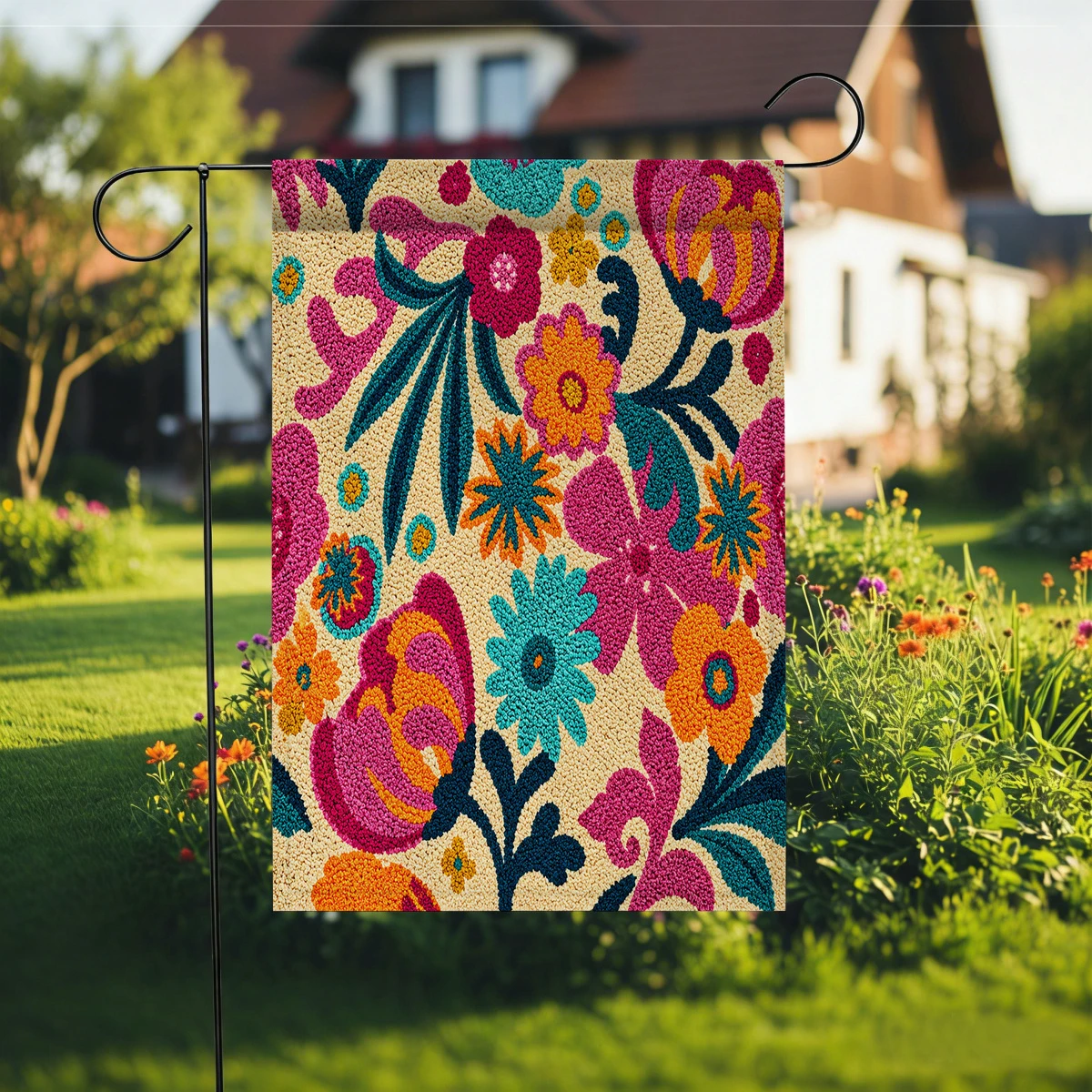 1pc Boho Floral Punch Needle Style Garden Flag Vibrant Colorful Flower Yard Flag For Outdoor Patio Lawn Decor