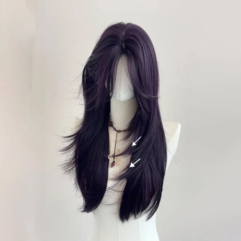 Ashley Dunkellila Perücke, weiblich, 55,9 cm langes Haar, Vorhang, Pony, geschichtet, Natur, glattes Haar, Cosplay, synthetische Perücken, Lolita Perruque – Detail 3