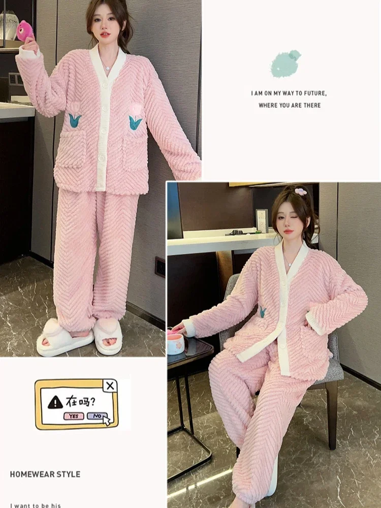 5XL Plus Size Winter Thickened Coral Fleece Pajama Set Women Korean Sweet Long Sleeve Cardigan Flannel Homewear Loose Loungewear