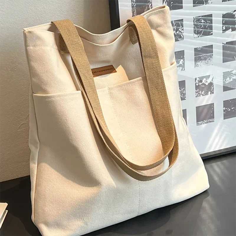1Pc Women's Tote Bag Canvas Sewing Thread Large Capacity Advanced Sense Handbag Convenient Practical Female's Commuter Bag image 2