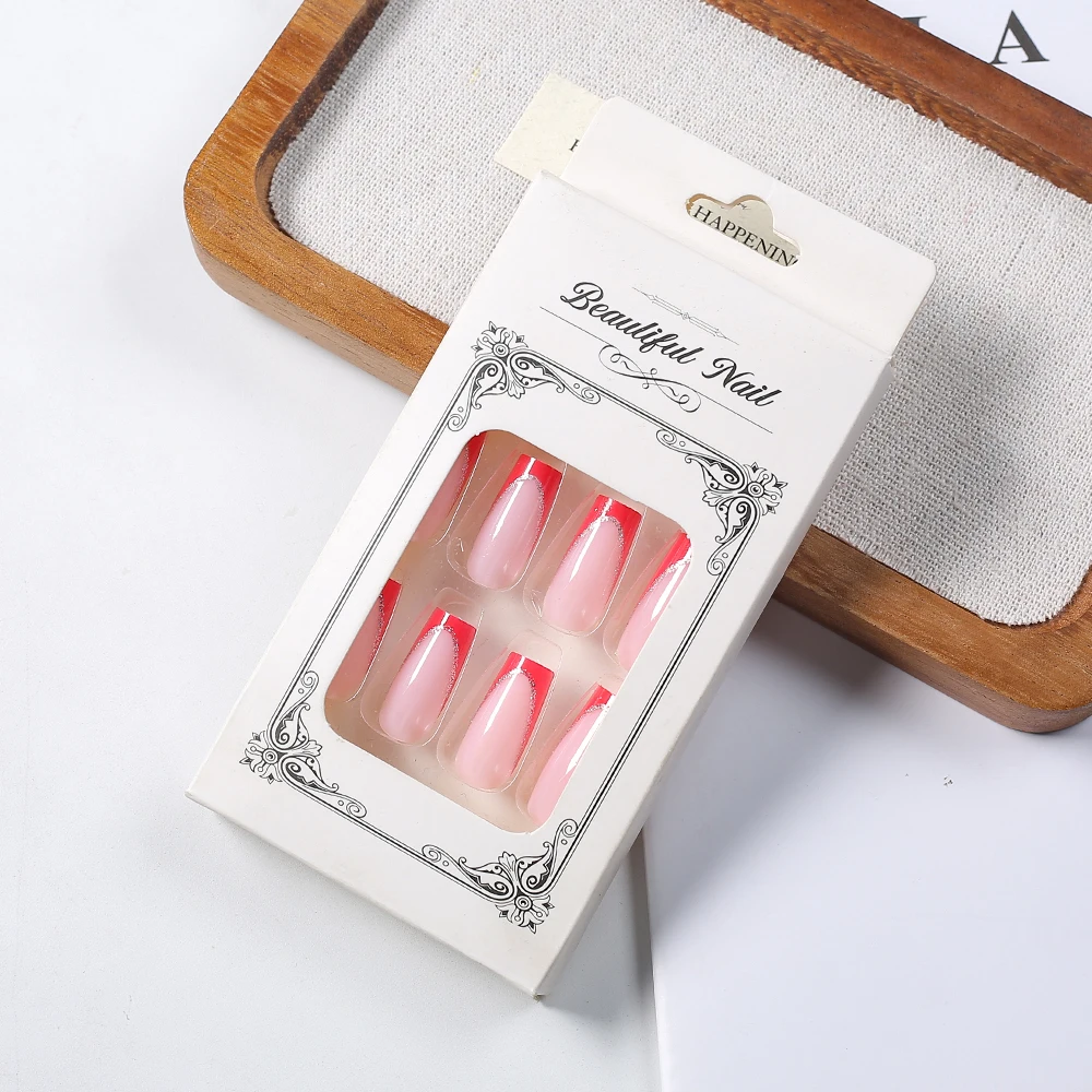 24 pezzi rosso francese lungo quadrato glitter unghie finte per le donne indossabili stampa sulle unghie acrilico copertura completa punte per unghie finte estensione