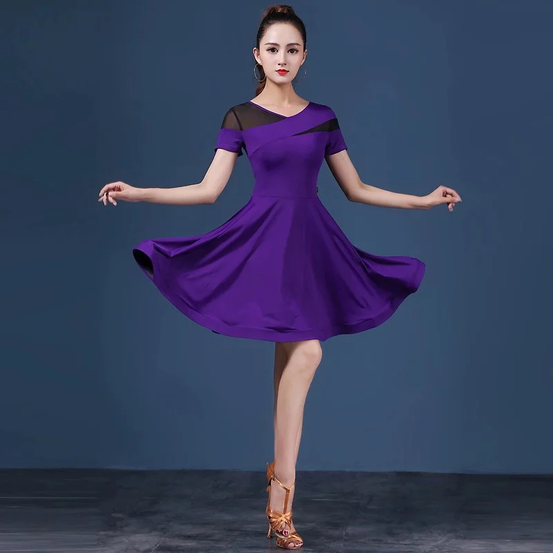 Sexy Dresses for Women Modern Professional Performance Training Short Sleeves Line Dance Clothing Women Purple Wear Costume Use