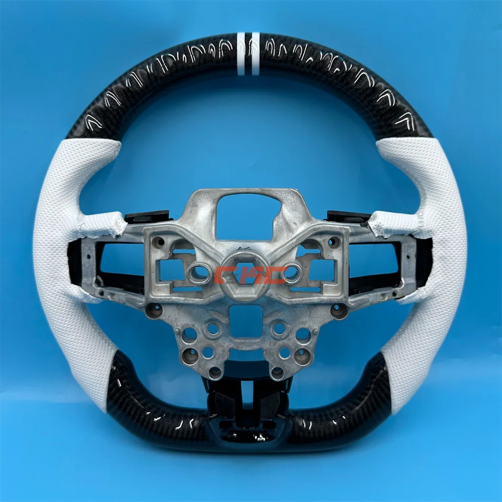 

For 2018 2019 2020 Ford Mustang Customized black Carbon Fiber white Leather strip Steering Wheel