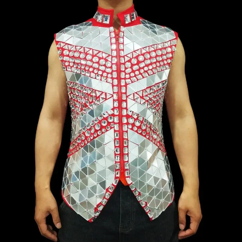 Glitter Mirror Rhinestone Waistcoat Sequin Crystal Vest Coat For Male Singer Bar Concert Stage Performance Drummer Dance Costume