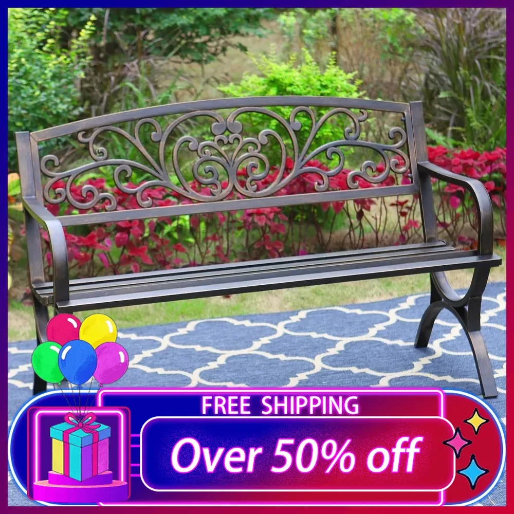 50 Inches Outdoor Garden Bench, Cast Iron Metal Frame Patio Park Bench with Floral Pattern Backrest, Arch Legs for Porch, Lawn