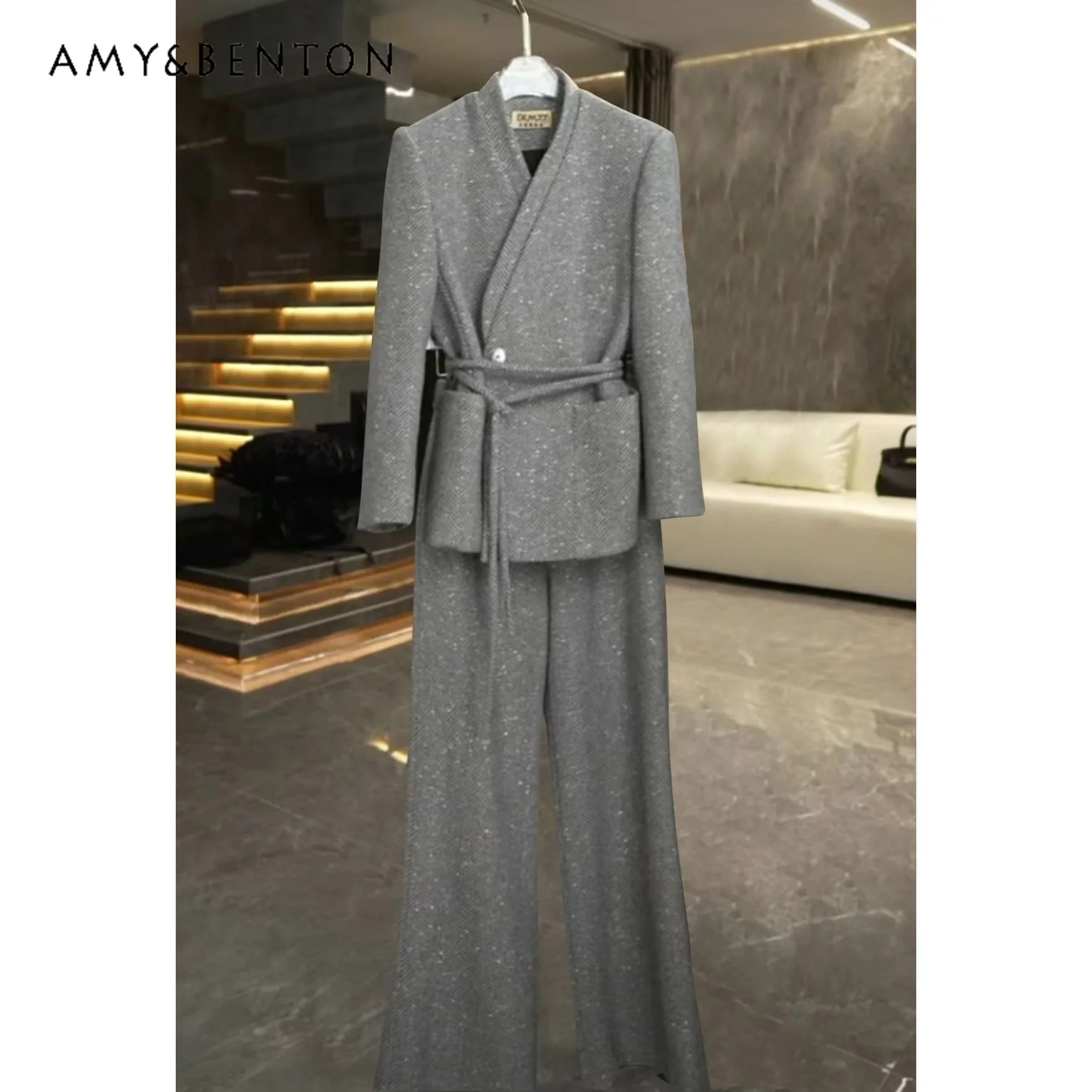 

Early Spring New Korean Fashion V-neck Belt Slim Long Sleeve Top Slim Wide Leg Pants Suit Two-Piece Sets Women Business Outfits