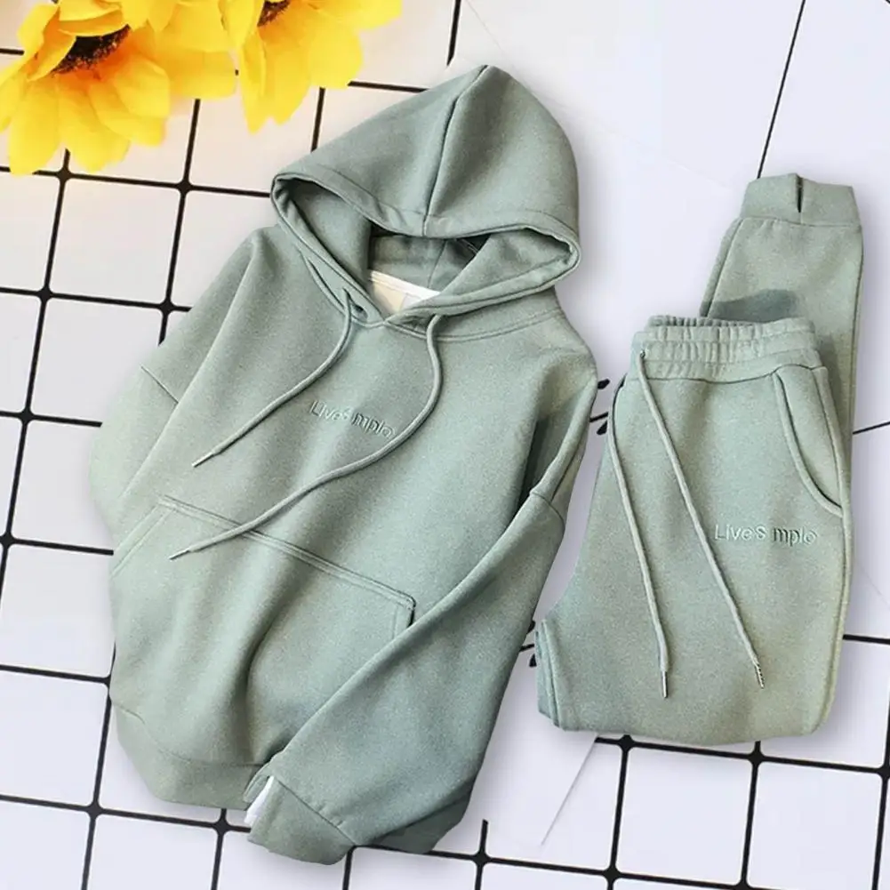 Top Trousers Set Shrinkable Hem Solid Color Women Hoodie Jogging Pants Suit Pockets Fleece Lining Casual Outfit Streetwear