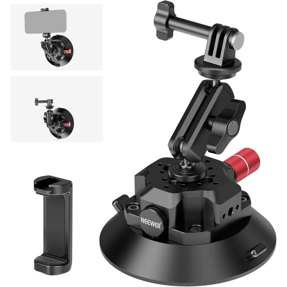 Universal 4.5 Suction Cup Camera Mount with Ball Magic Arm, Dual Threaded Holes, Quick Release Car Mount, Action Cam Adapter Inc