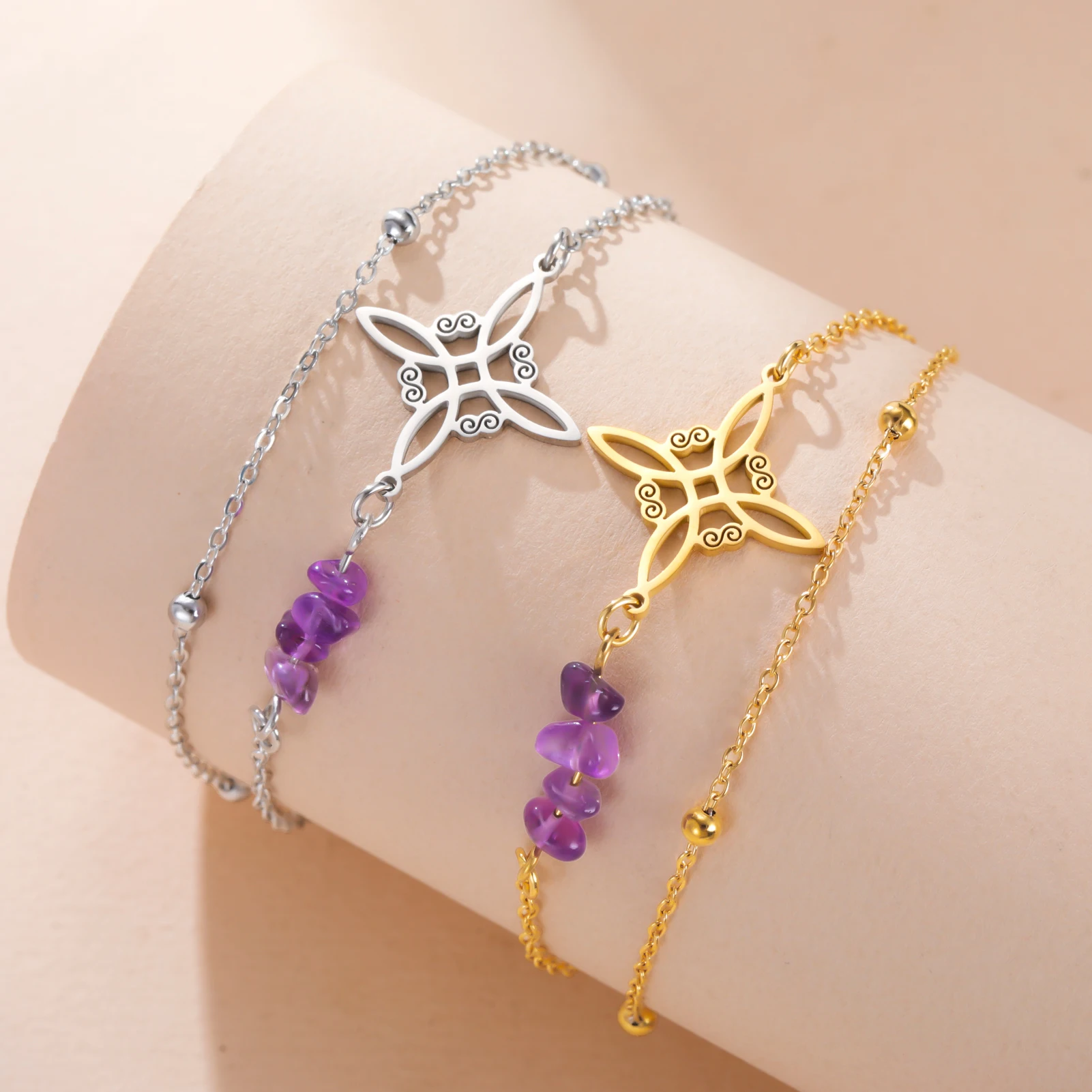 Skyrim Purple Crystal Witch Knot Charm Bracelet Women Stainless Steel Double Layer Beads Chain Amulet Witchcraft Jewelry Gift view 3