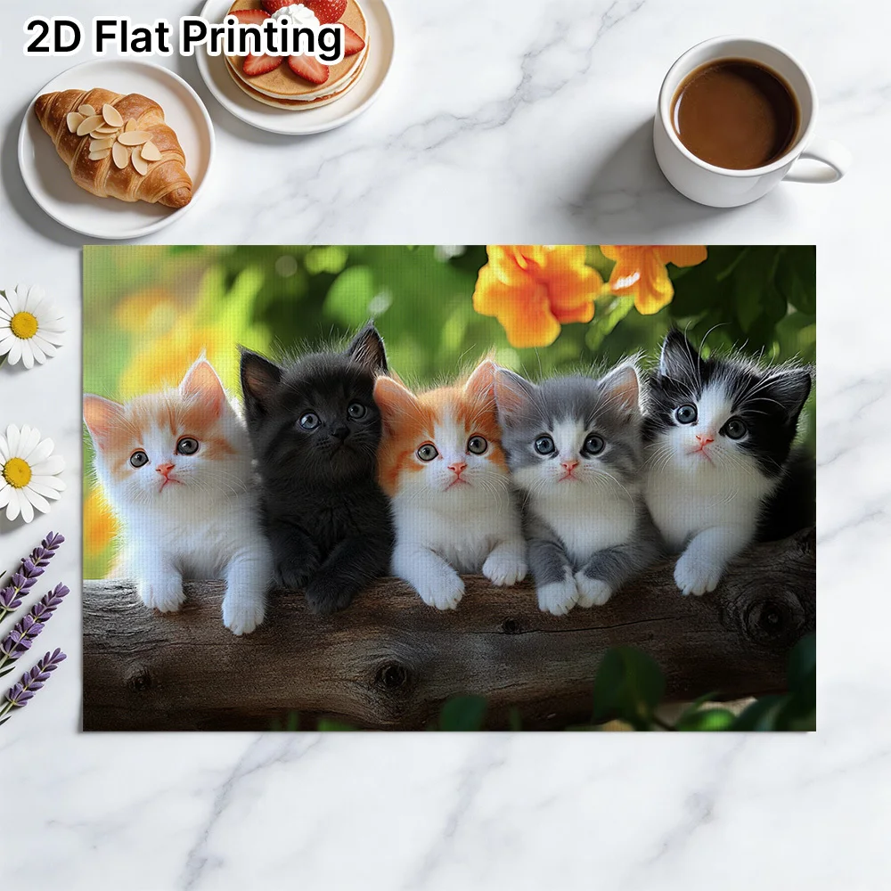Modern Six Kittens Placemats Suitable for Breakfast Nooks, Dinner Parties, Table Settings - Rectangular Table