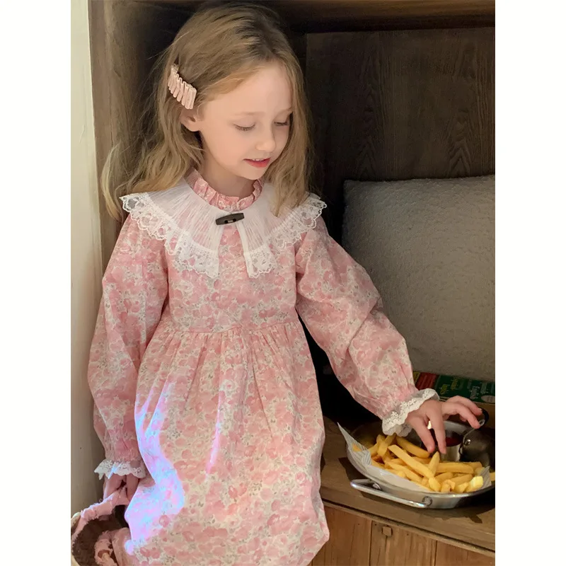 

Children's Clothing Girls' Fragmented Flower Dress 2024 Spring Primary and Secondary School Children's French Lace Collar Pink P