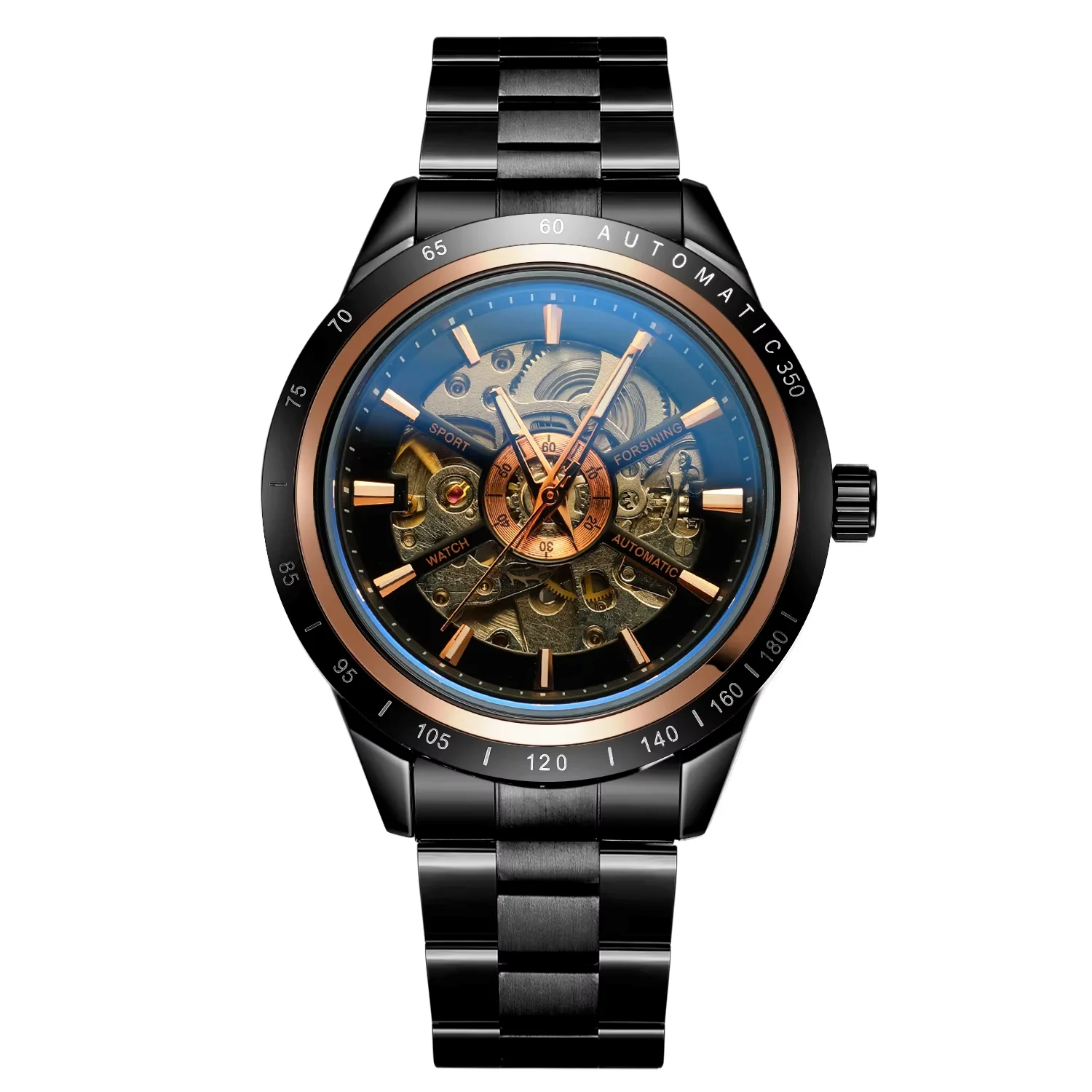 

FORSINNG Hollow nail scale mechanical watch Black men's round belt Steel strap Watch European and American fashion watch