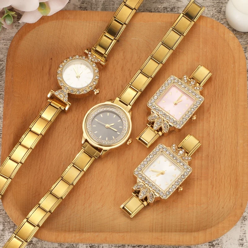 Fashion Women Men's DIY 9mm Width Italian Charm Golden Stainless Steel Zircon Watch Bracelet Head Unique Bangles Gifts Wholesale