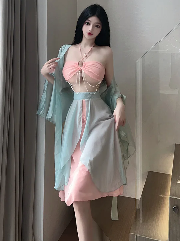 Retro Dress Chinese Robe Sheer Transparent Women's Sexy Ancient Style Hanfu Cheongsam Uniform Dress Elegant Sexy Women Tops F8PB