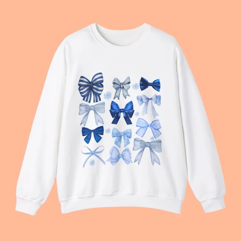 Coquette Aesthetic Bow Sweatshirt  Y2k Preppy Ballerina Trendy Ribbon Crewneck Tee Blue Bow Cute Kawaii Shirt Valentines Gift