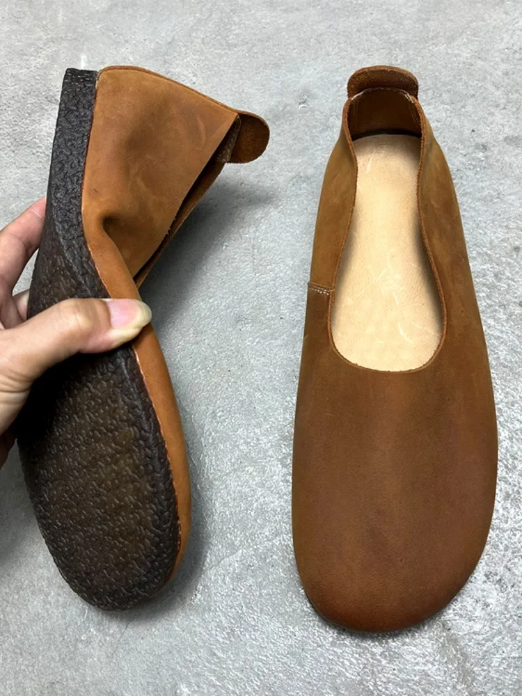 Vintage Mens Soft Leather Slip On Loafers Casual Cow Genuine Leather Shoes Round Toe Handmade Comfortable Flats Driving Shoes