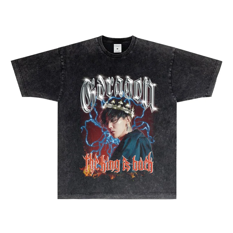 2025 New G-DRAGON Quanzhilong Portrait Print Short Sleeve Heavy Small Neckline Vintage Pure Cotton Breathable T-shirt