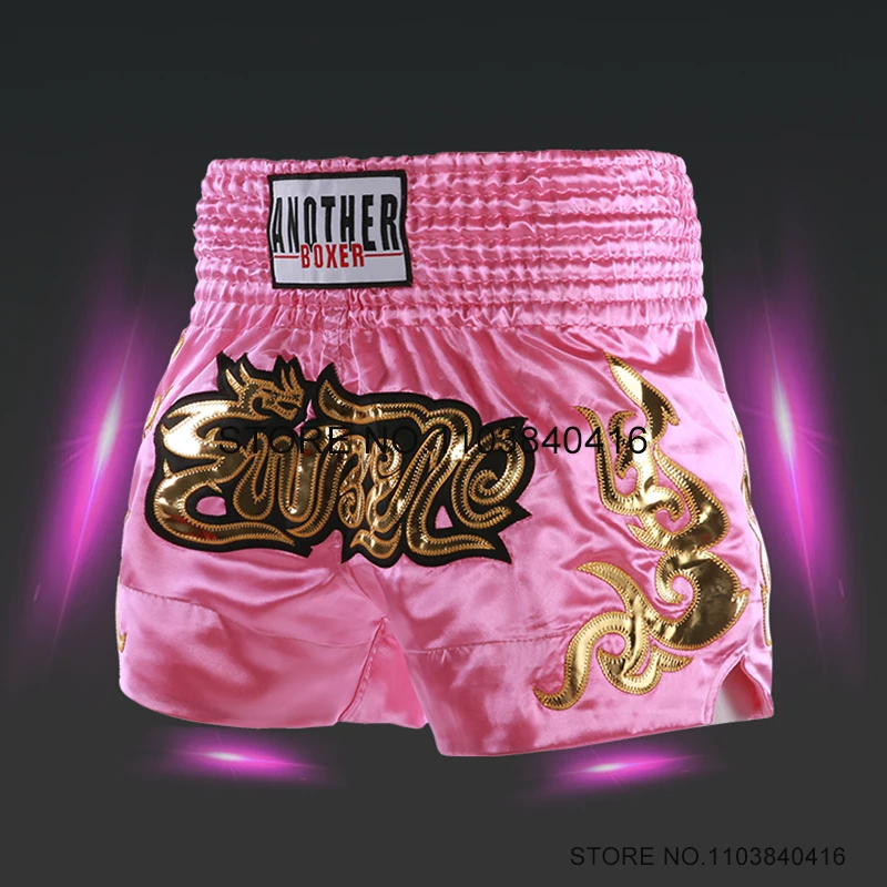 Shorts für Thai Boxen Stickerei Muay Thai Hosen Männer Frauen Kinder Stickerei Satin Sparring Kickboxen Käfig Kampfshorts Rosa