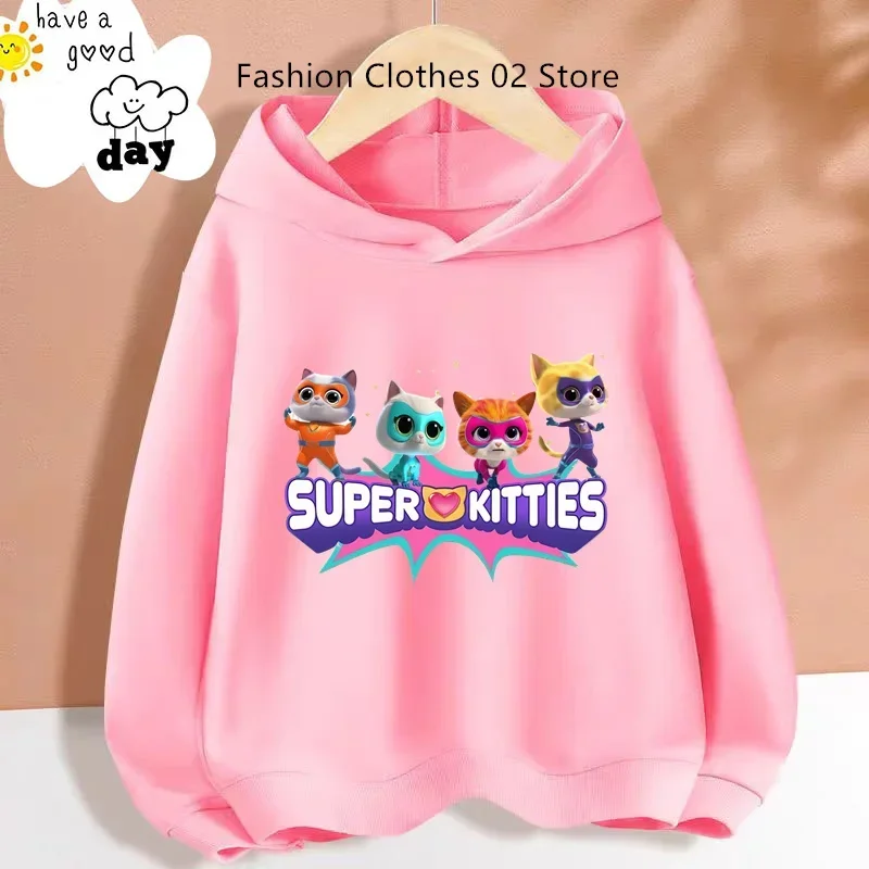 

SuperKitties Cute Kids Hoodies Casual Children Long Sleeve Sweatshirts with Hooded Boys Girls Clothing Kawaii Graphic Print Tops
