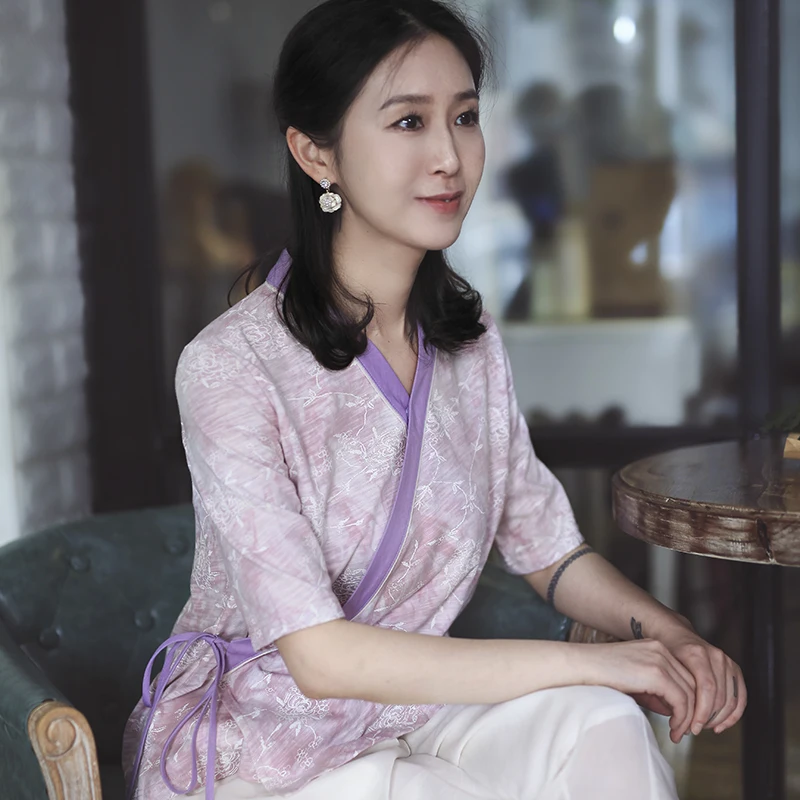 

Ретро-топ Ханьфу из чистого хлопка с боковыми пуговицами в китайском стиле, женская одежда для дзен-ча, летняя одежда с V-образным вырезом и эффектом похудения