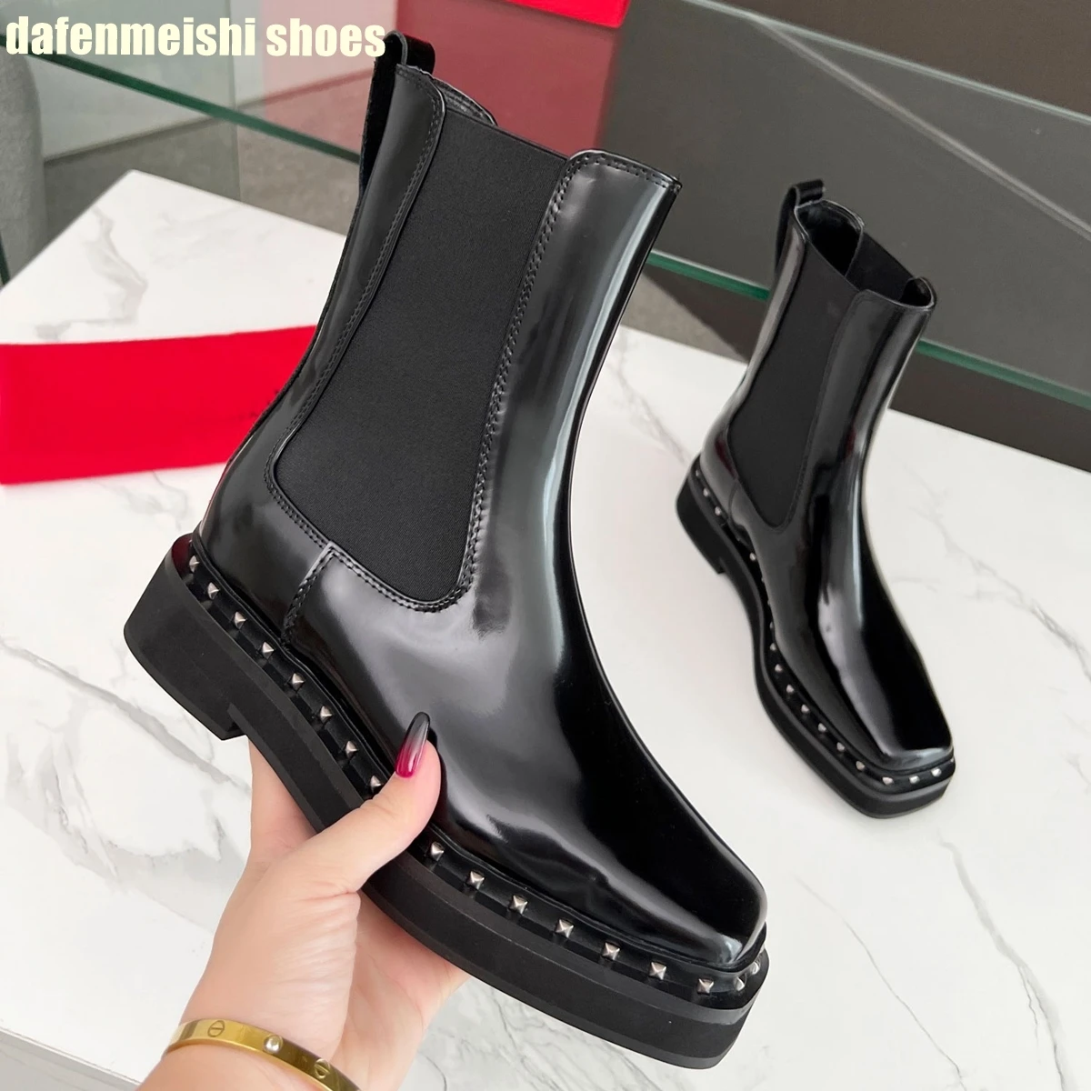 

Black Patent Leather /matte Mid Boots 2025 New Fashion Women Boots Slip On Rivet Platform Square Toe Boots Lace Up Winter Shoes