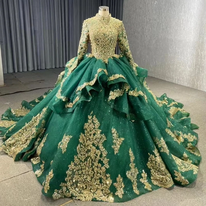 

Gorgeous Green High Neck Quinceanera Dresses Gold Applique Beading Ball Gown Princess Birthday Party Sweet vestidos de 15