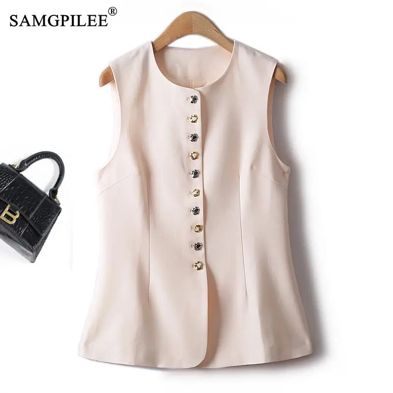 

British Style Spring Autumn Sleeveless Vests For Women 2023 New Outerwear Korean Fashion Single Breasted Slim O Neck Jackets 4XL