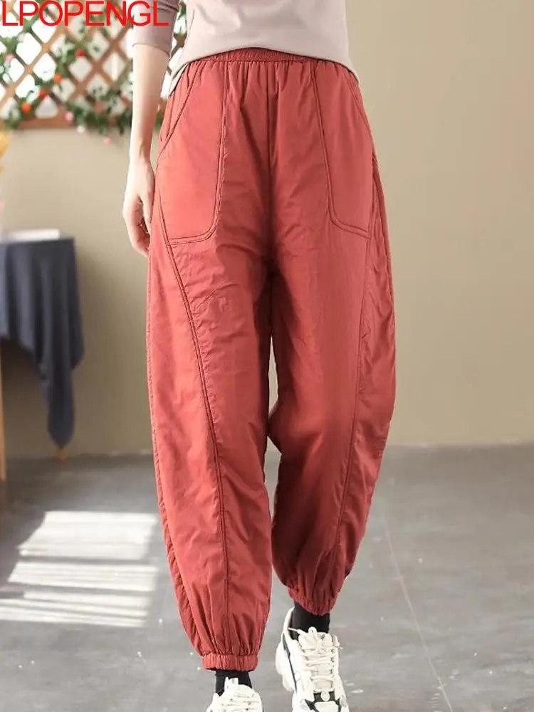 Modne, jednokolorowe, grube bawełniane spodnie typu lantern, codzienne, ciepłe, zimowe, nowość 2025, luźne, z elastyczną talią, codzienne spodnie bawełniane.