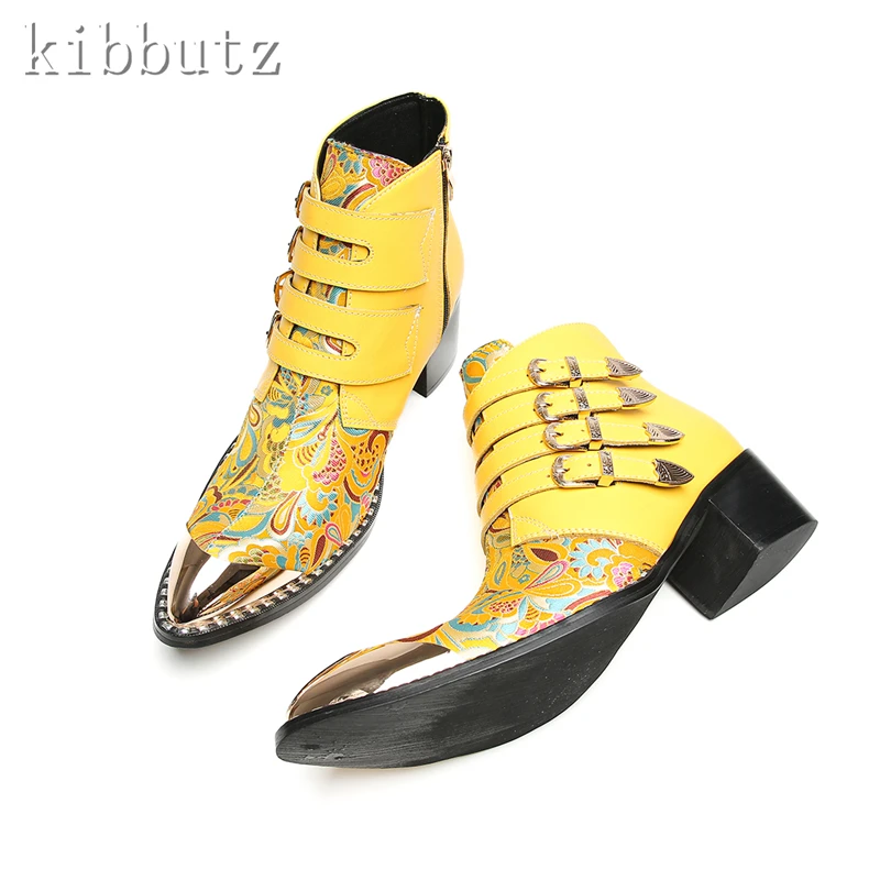 디자이너 신상 프린트 버클 스트랩 앵클 부츠 남성 메탈 토 진짜 가죽 하이힐 첼시 부츠 패션 파티 드레스 슈즈