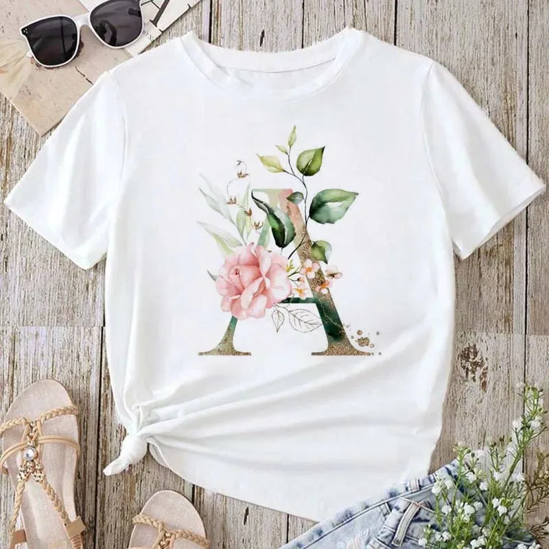 Women's Casual Short Sleeve A B C D E English Alphabet Floral Print T Shirt Woman New Summer Female T-Shirt Harajuku Top Tshirts