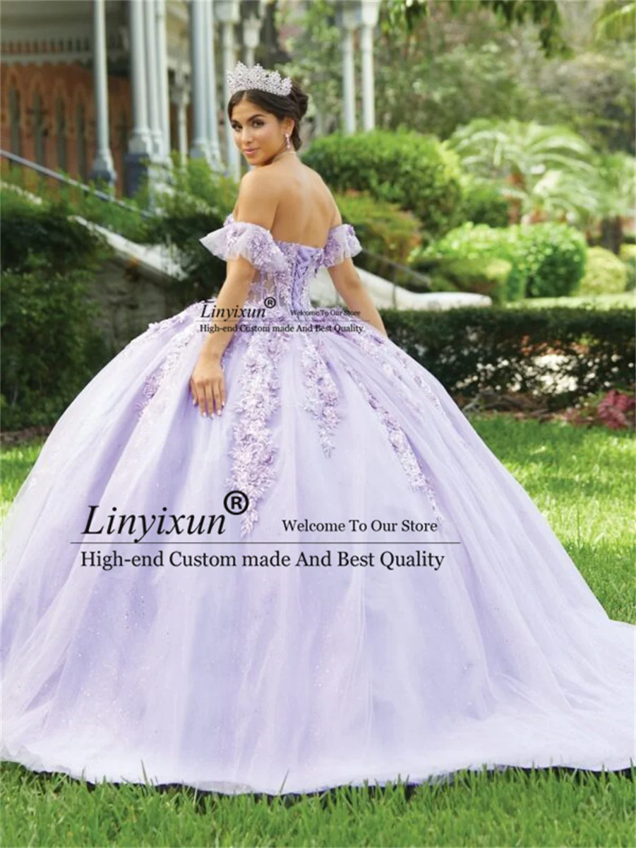 

Glitter Lavender Sweetheart Shiny Quinceanera Dresses Mexico Ball Gown Beads Appliques Crystal Tull Sweet 16 Dresses