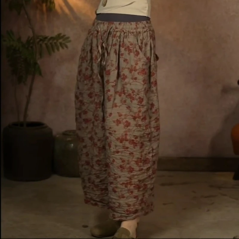Women Vintage Floral Printed Straight Wide Leg Pants Elastic Waist 2026 Spring Summer Loose Pockets Linen Chinese Style Pants